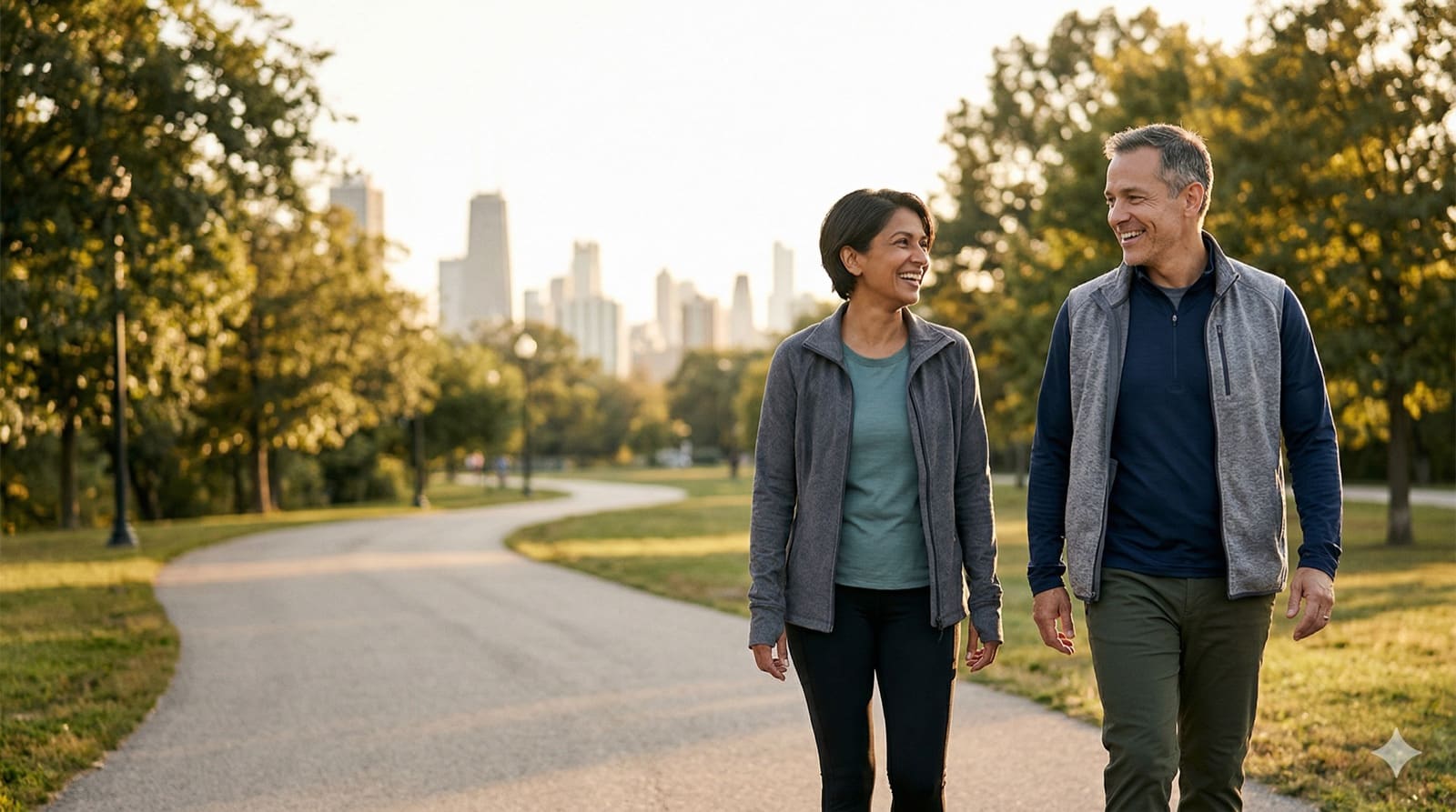 Two adults in midlife walking through a city park at golden hour, representing a calm and proactive heart-health check-in.